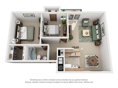 Floor plan for 2 beds, 1 bath, 850 sqft